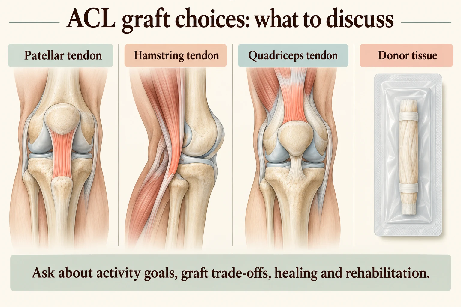 Knee schematics indicate patellar, hamstring and quadriceps tendon sources alongside a donor-tissue symbol.