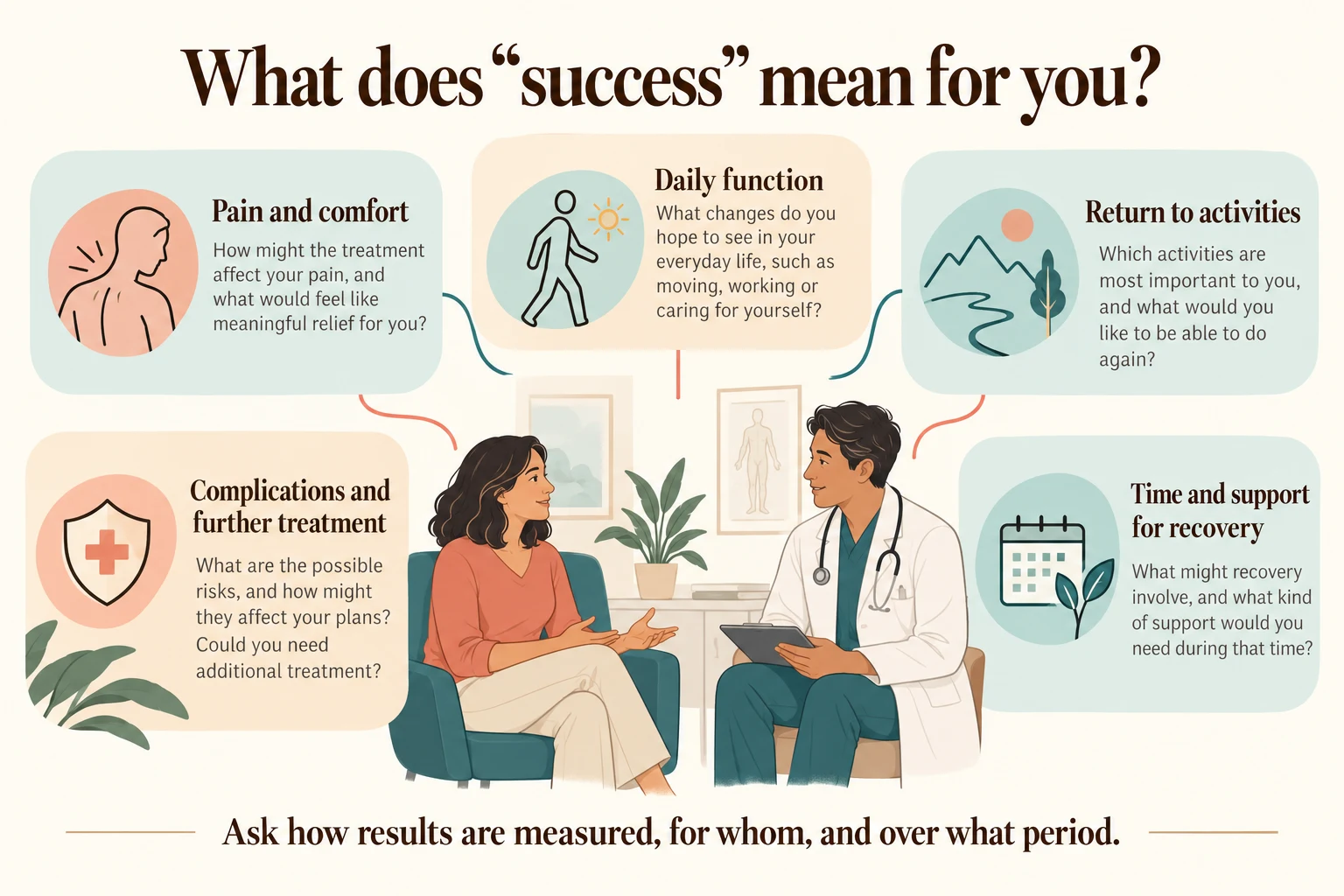 Five discussion areas surround an illustrated patient-clinician conversation: comfort, function, activities, complications and recovery support.