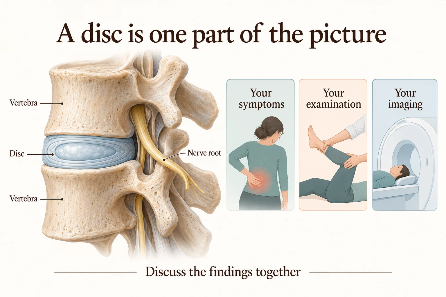A simplified vertebra, disc and nerve illustration alongside symptoms, examination and imaging.