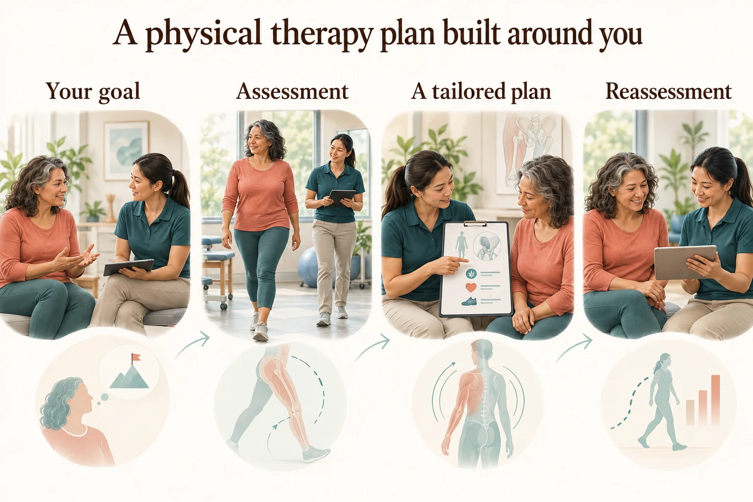 Illustrated patient and therapist scenes show goals, assessment, a selected plan and reassessment.