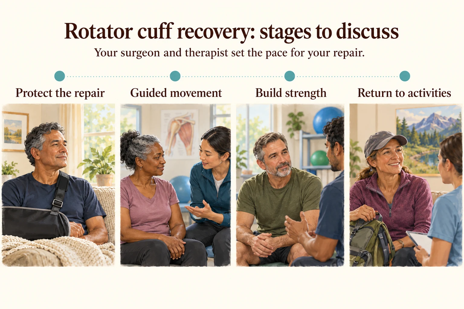 Illustrated scenes show protecting a repair, guided movement, strength planning and return-to-activity discussion.