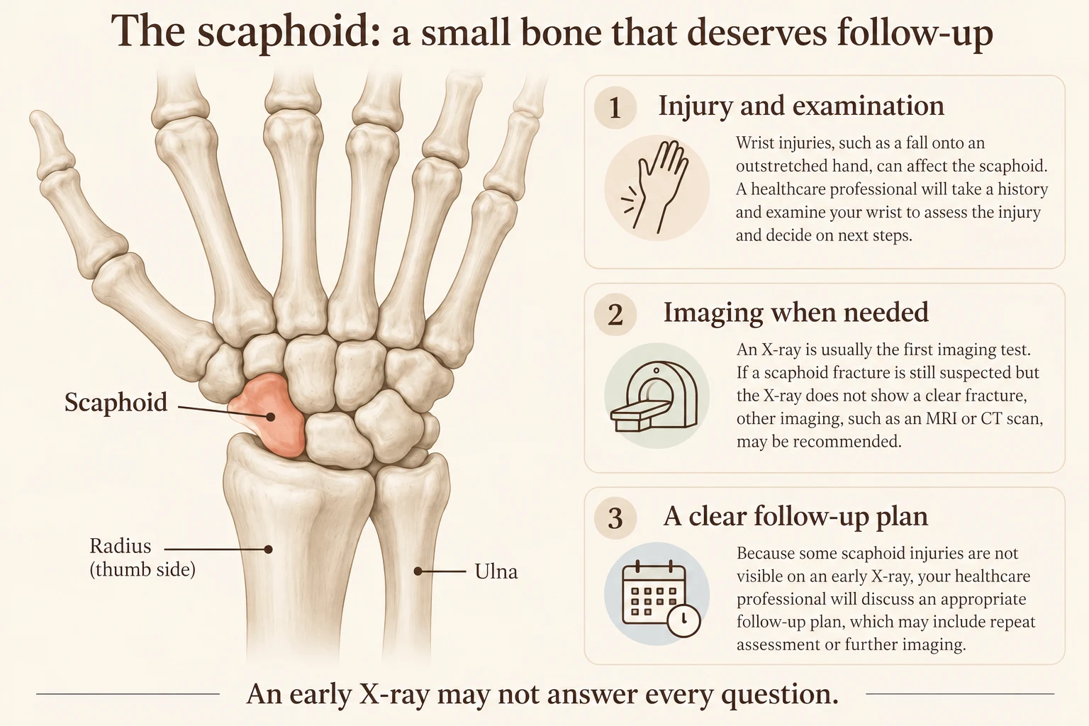 A wrist schematic highlights the scaphoid on the thumb side, beside an injury, imaging and follow-up sequence.