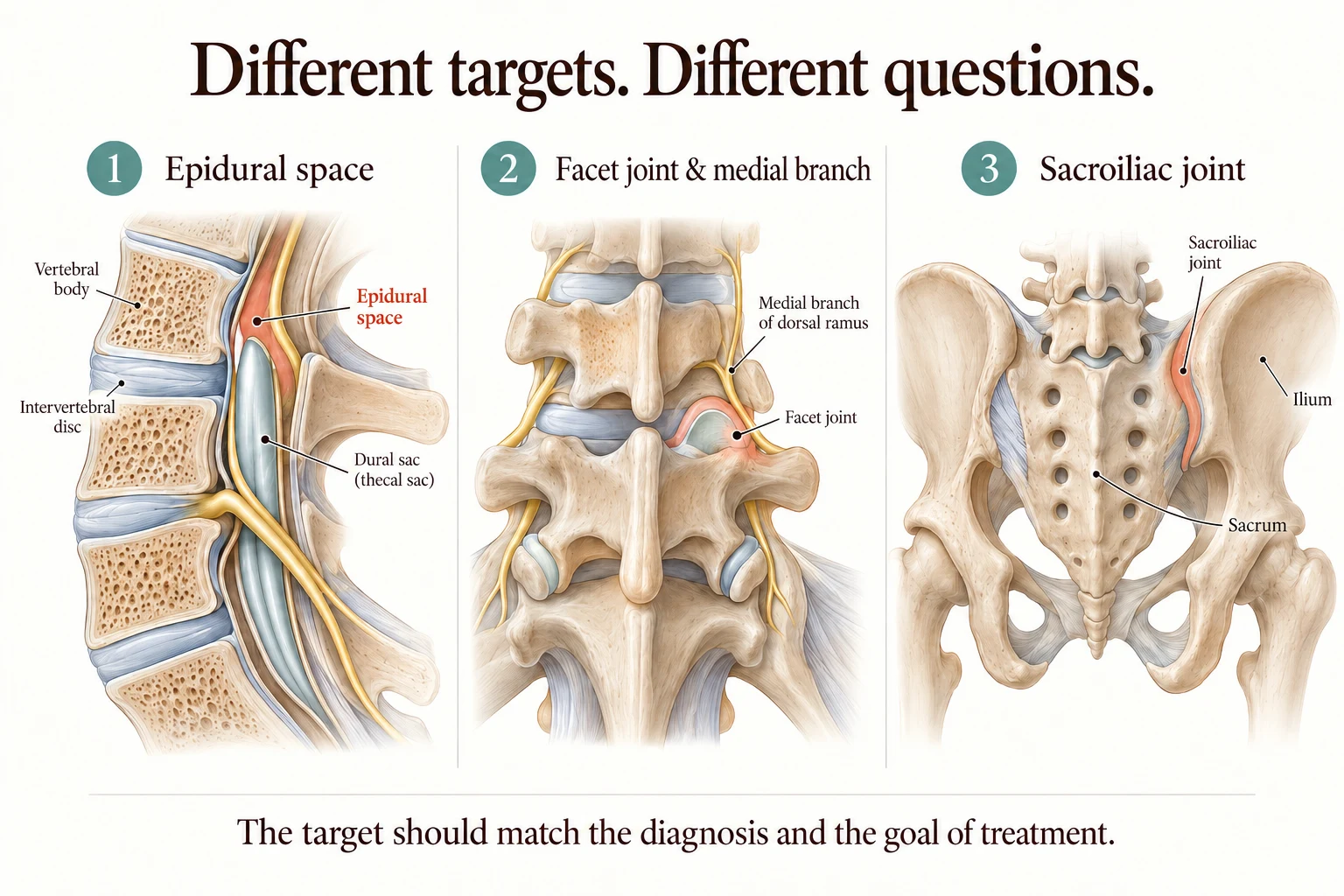 Three schematics locate the epidural space, facet joint with a medial branch, and sacroiliac joint.